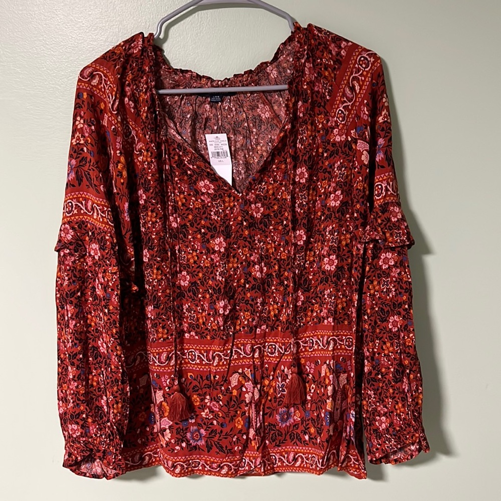 NWT American Eagle Orange Floral Blouse, Size Women’s Large